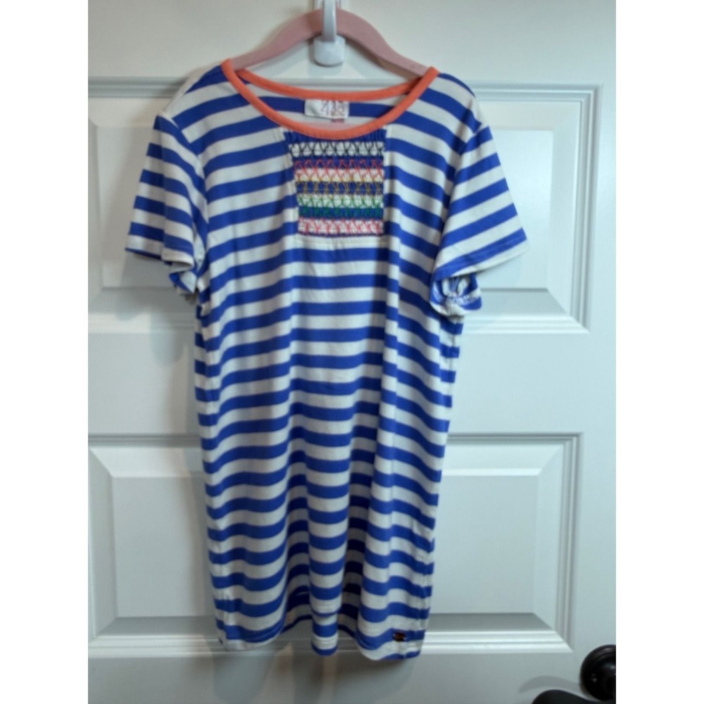 22. 435 Matilda Jane Girls Blue White Striped Smocked Rainbow Top Size 10 20407T